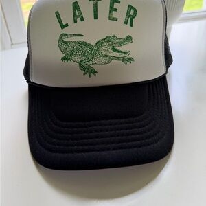 Later Alligator Trucker Hat - Black and White with Green Print